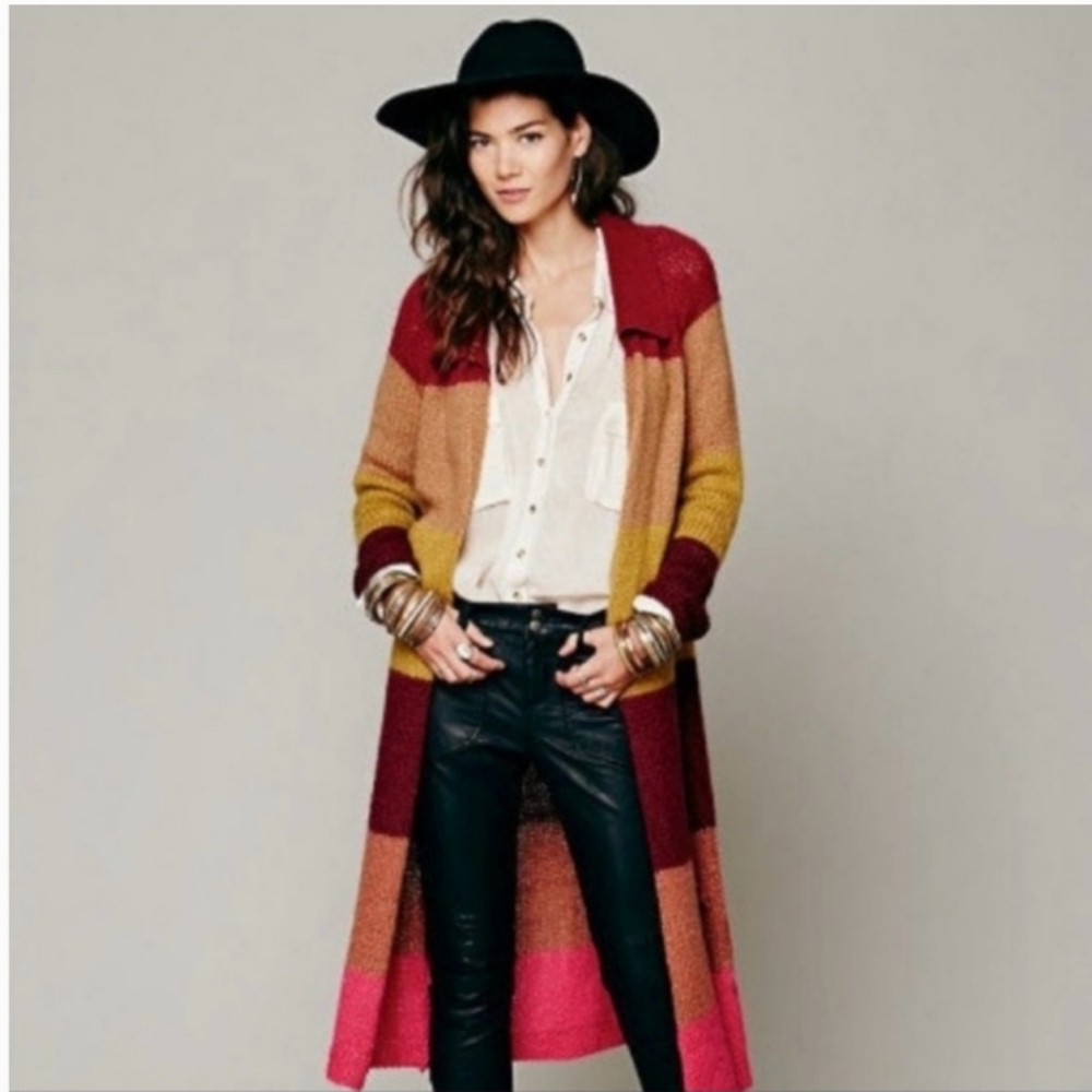 Free People Over The Rainbow Multicolor Long Striped Cardigan Sweater Large - Picture 2 of 16